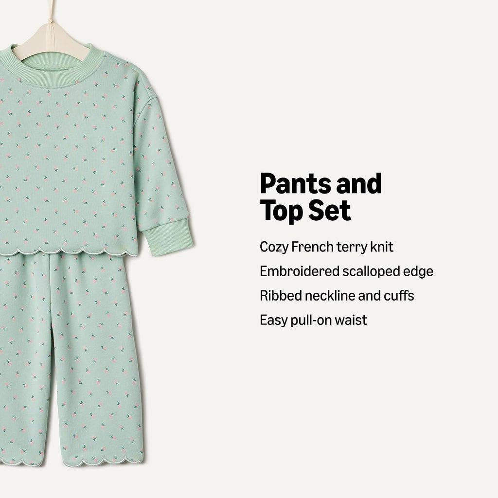 Amazon Essentials x Sofia Grainge Toddlers and Baby Girls' French Terry Sweatshirt Pant and Top Set