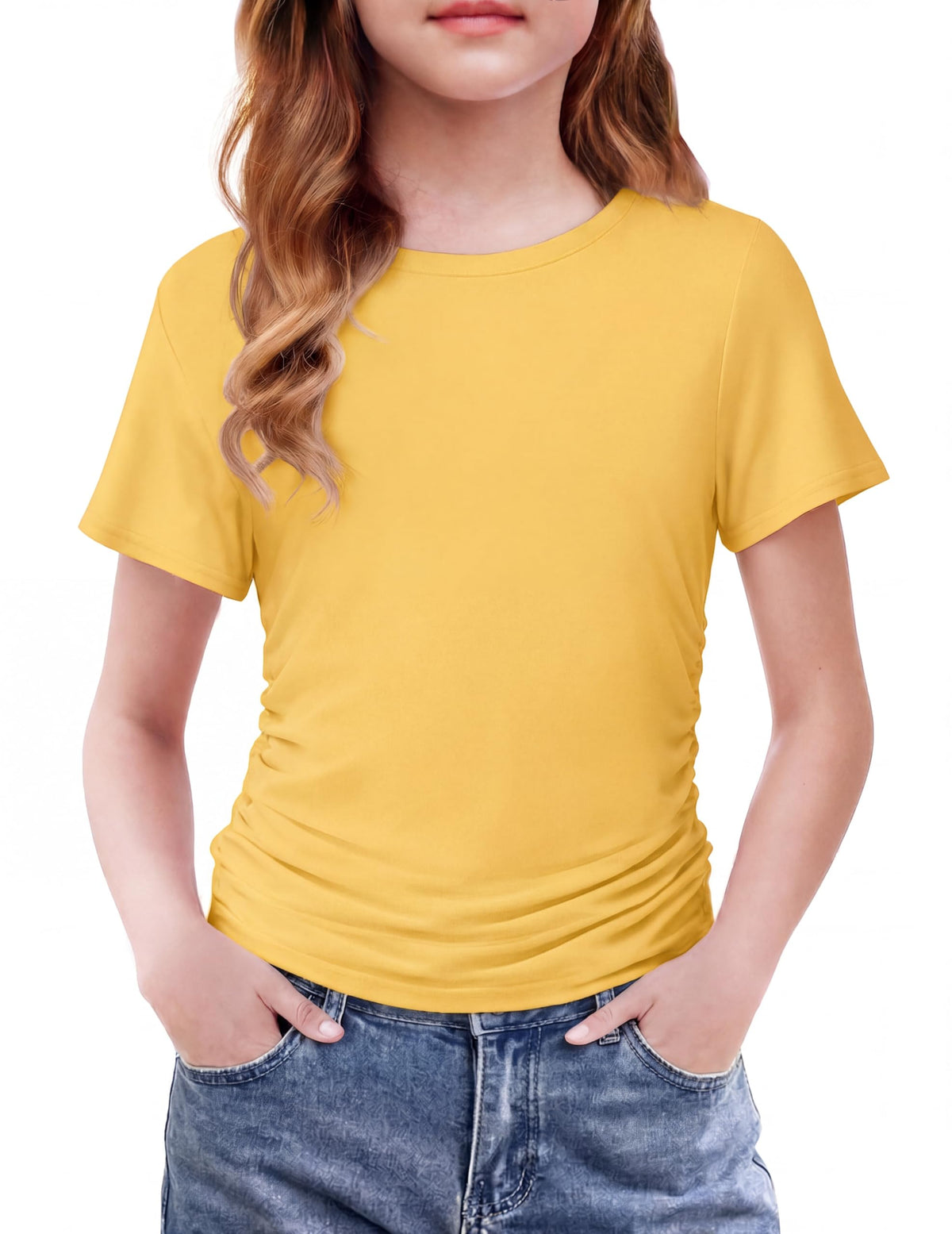 Arshiner Girls Shirts Side Ruched Short Sleeve Crewneck Tops Tee 5-12 Years
