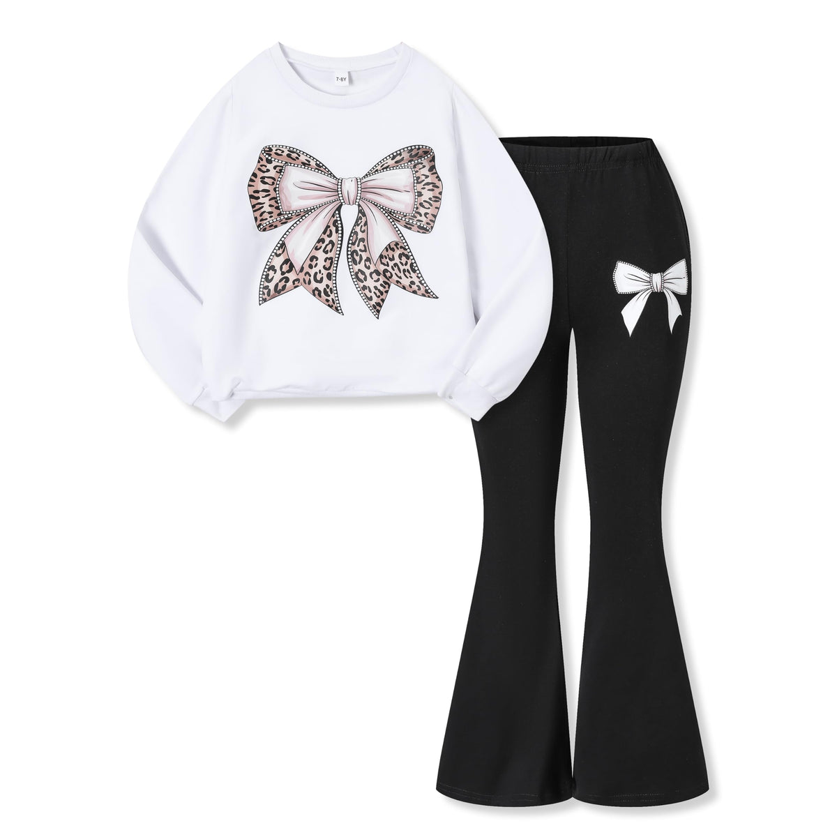 Toddler Girl Clothes Long Sleeve Cartoon & Letter Graphic Top + Fruit Stationery Print Flared Leg Pants
