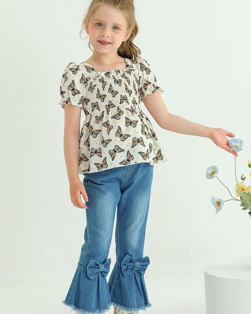 Kucnuzki Girls Clothes 2 Piece Outfits Denim Flare Jeans Short Sleeve Top