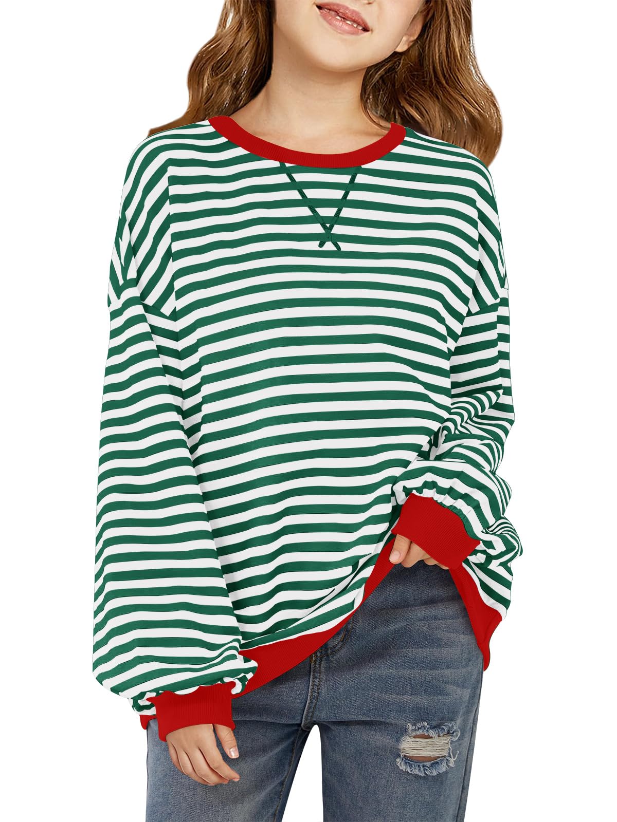 Haloumoning Girls Striped Crewneck Sweatshirt Long Sleeve Oversized Tops