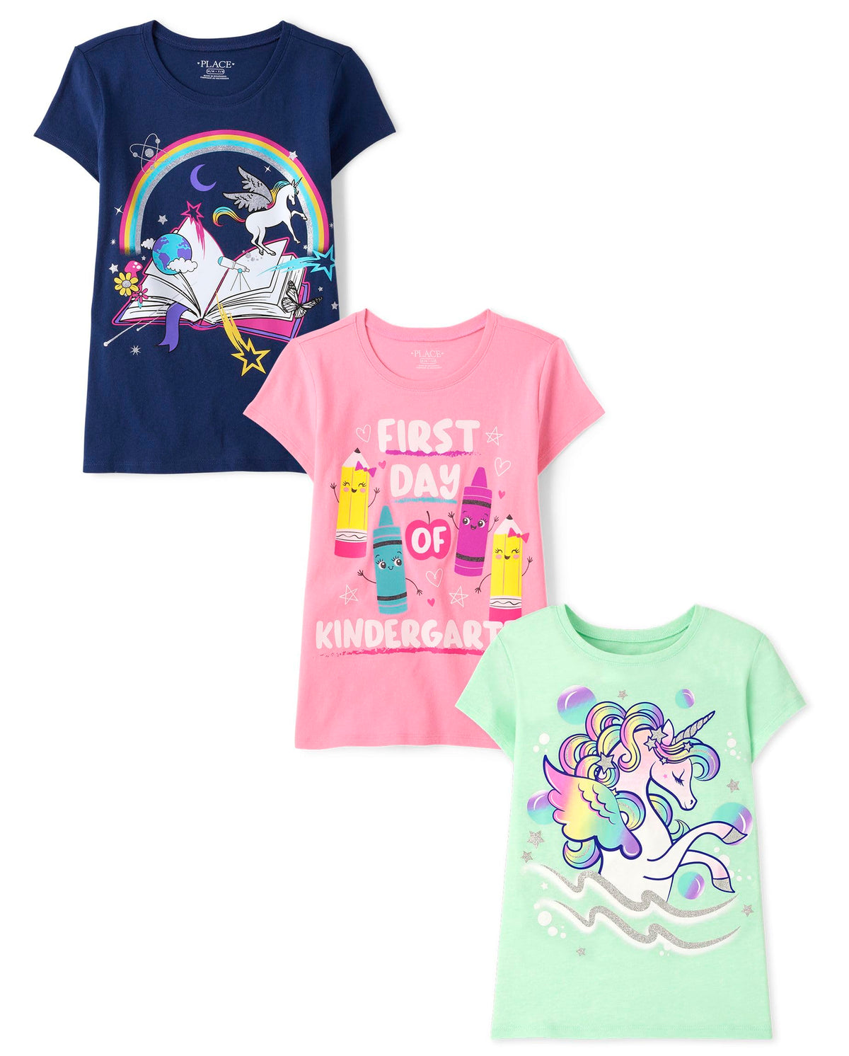 The Children's Place Girls' Unicorns,Butterfly Short Sleeve Graphic T-Shirts,3 Pack