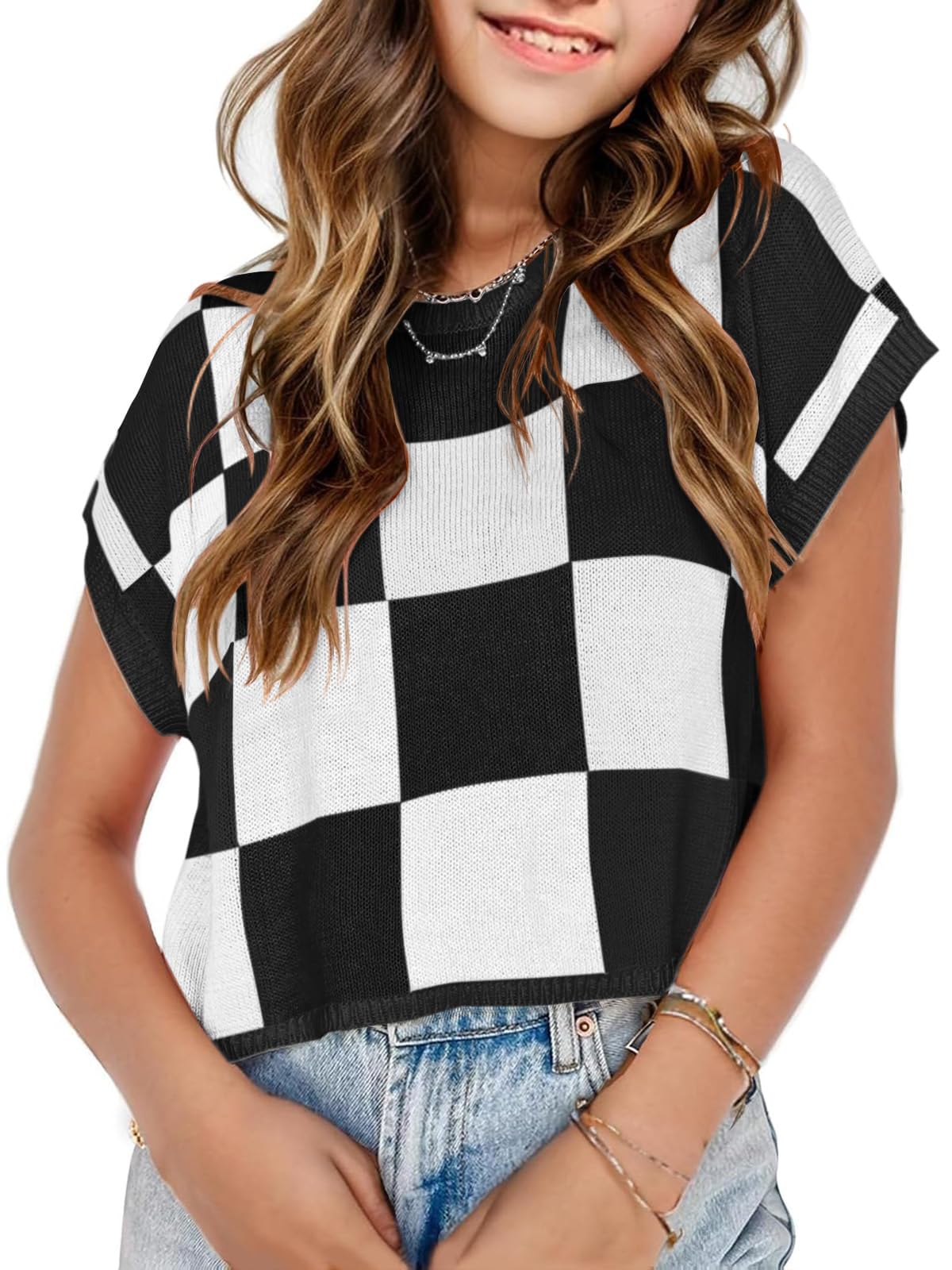 Girls Crop Sweater Tops School Picture Outfits Fashion Summer Fall Cute Cap Sleeve Colorblock Loose Teen Top