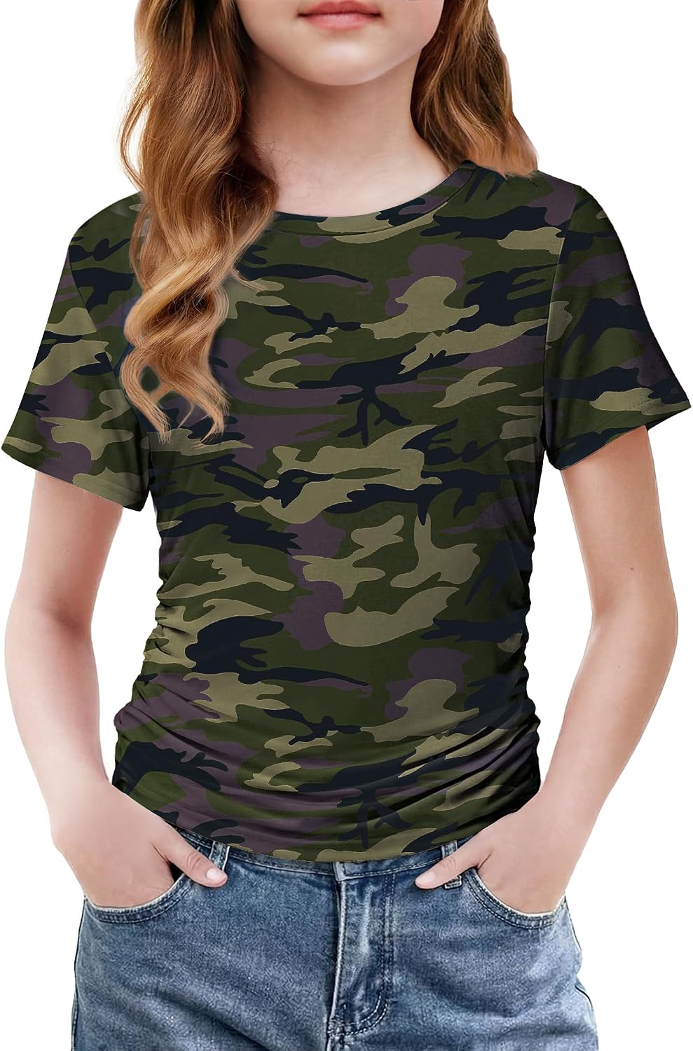 Arshiner Girls Shirts Side Ruched Short Sleeve Crewneck Tops Tee 5-12 Years