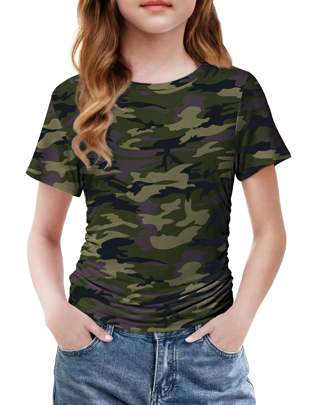 Arshiner Girls Shirts Side Ruched Short Sleeve Crewneck Tops Tee 5-12 Years