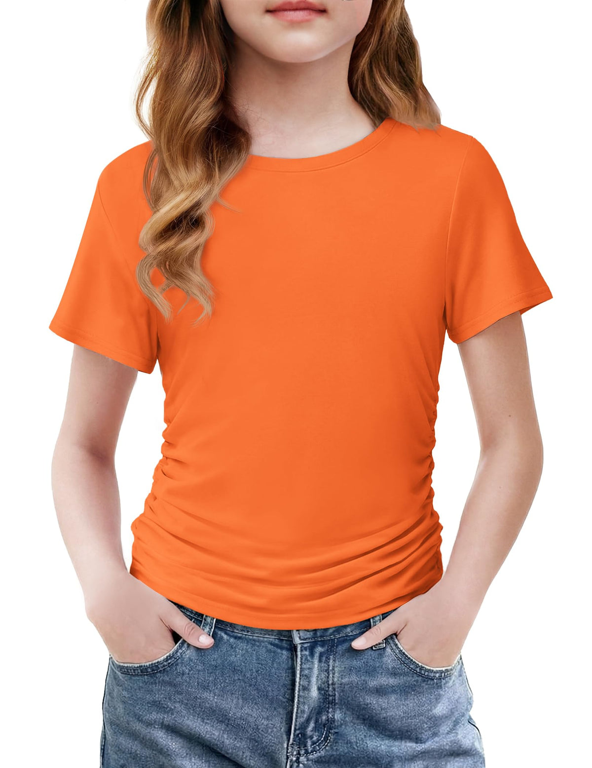Arshiner Girls Shirts Side Ruched Short Sleeve Crewneck Tops Tee 5-12 Years