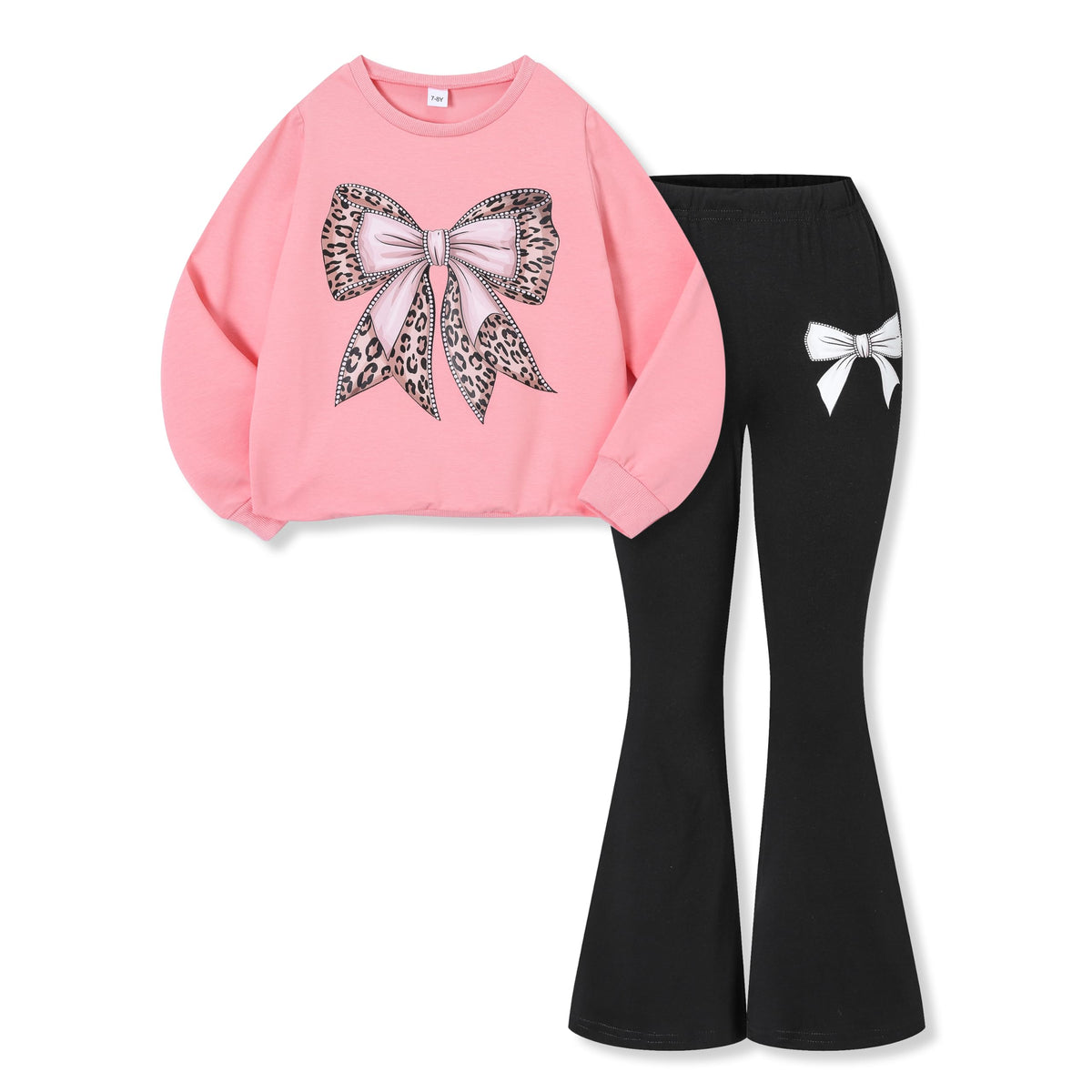 Toddler Girl Clothes Long Sleeve Cartoon & Letter Graphic Top + Fruit Stationery Print Flared Leg Pants