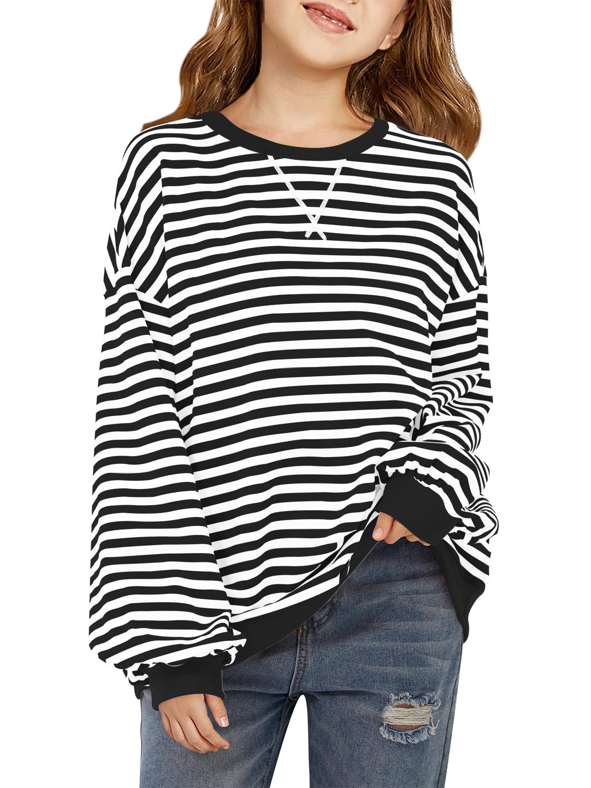 Haloumoning Girls Striped Crewneck Sweatshirt Long Sleeve Oversized Tops