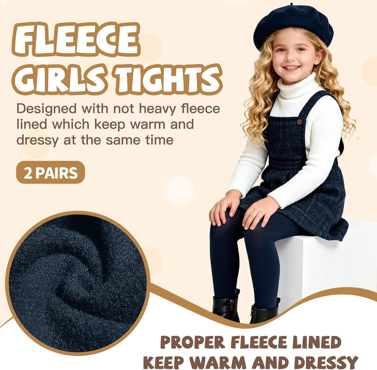 MANZI Fleece Lined Tights for Girls Thick Footed Girls Tights Age 2-10 Ultra-soft 2 Pairs 400-Denier