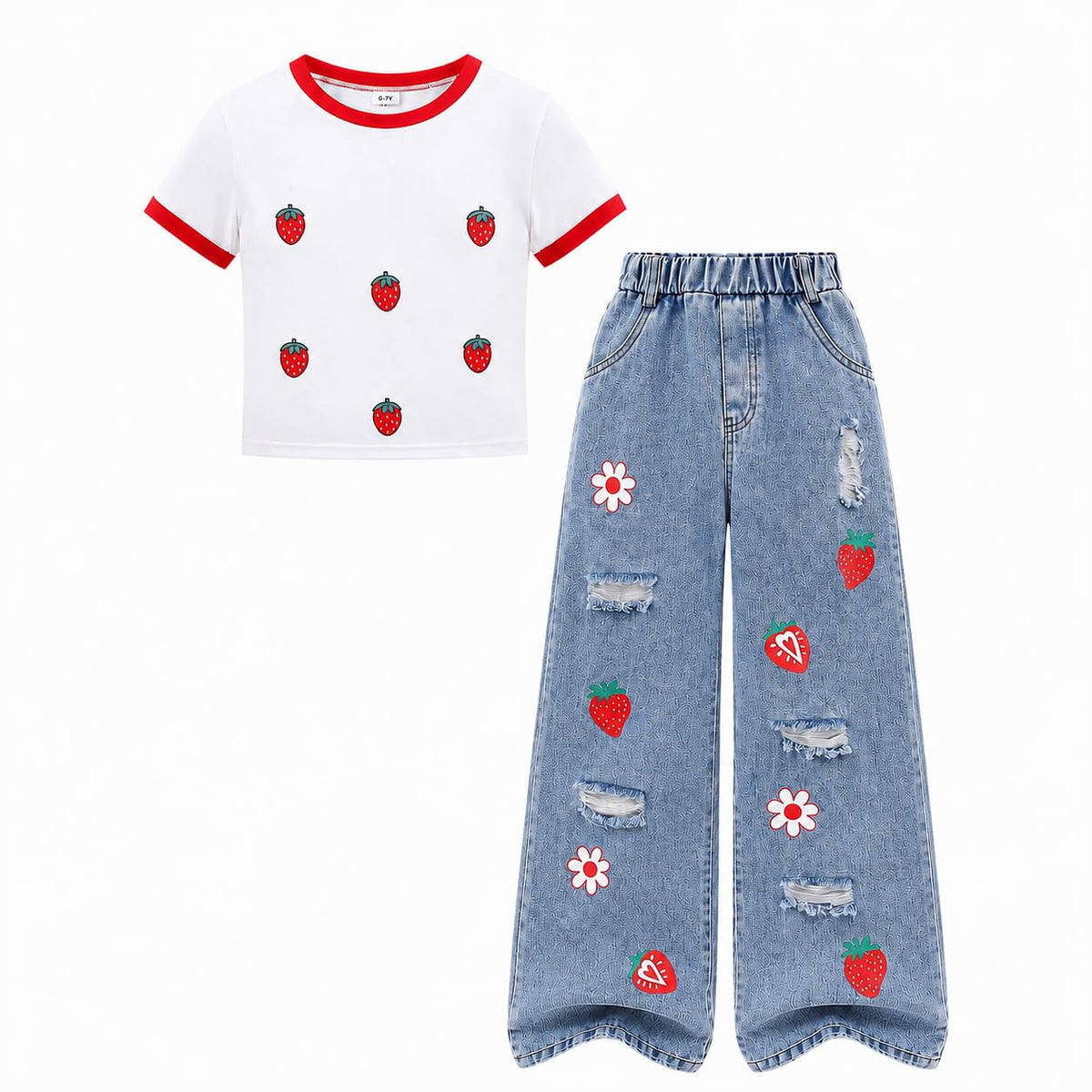Azmxynol Tween Girl Clothes Short Sleeve Top + Butterfly Design Jeans 2 Pieces Spring Summer Outfit Set, Size 6-16 Years