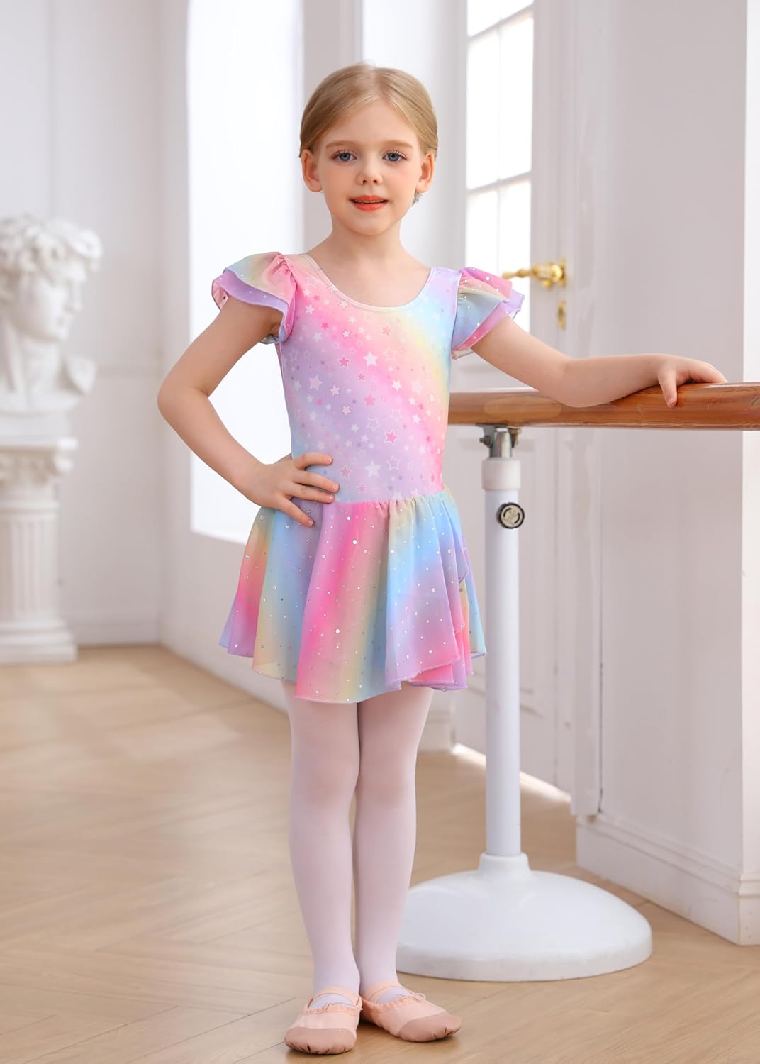 MdnMd Ballet Leotards for Girls Toddler Dance Ballet Leotard with Skirt Ballerina Dresses Tutu Outfits Flutter Sleeve