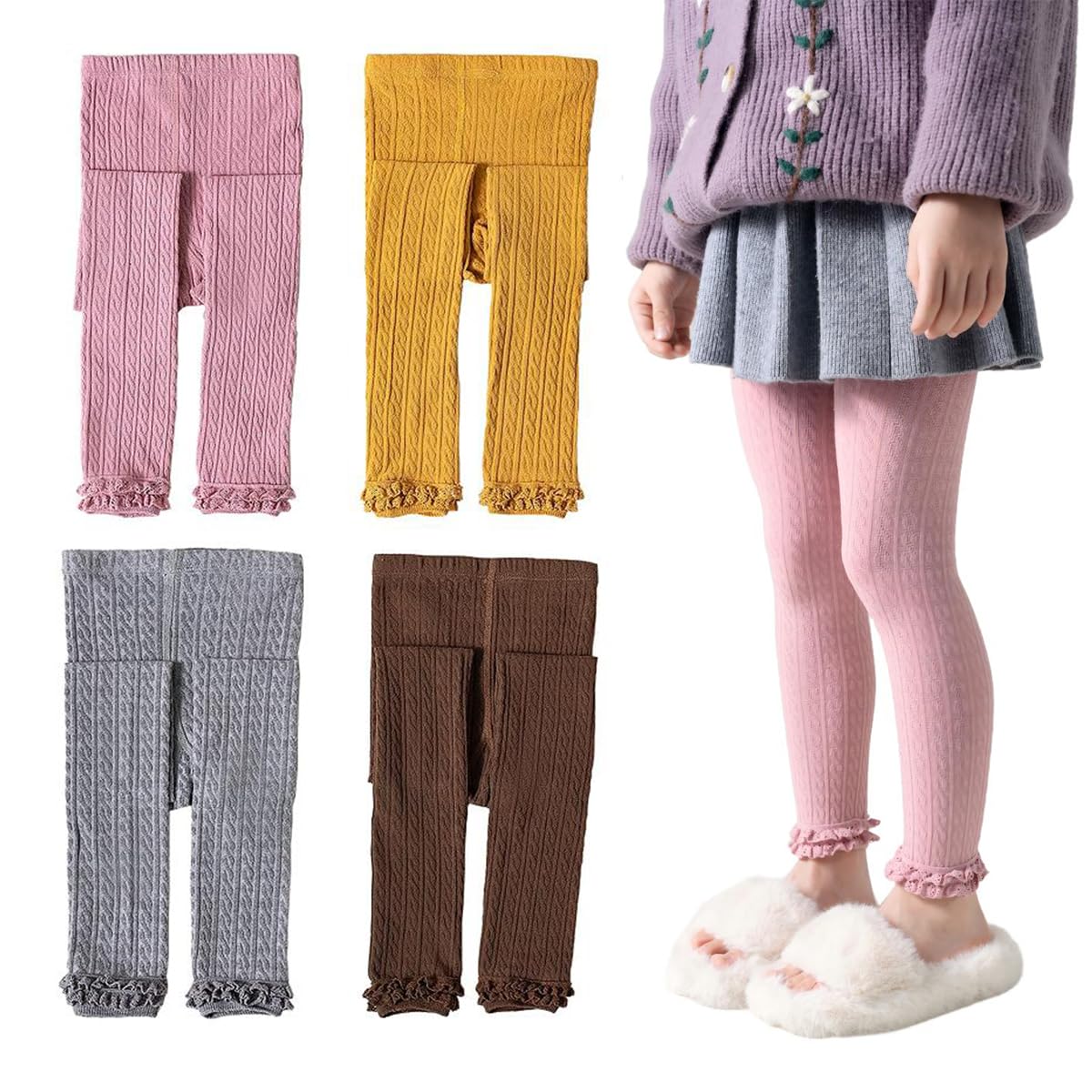 Girls Leggings for Little Girls, 2 Pack Toddler Girl Pants Leggings for Baby Tights Knitted Multi-Colors 2-9 Years