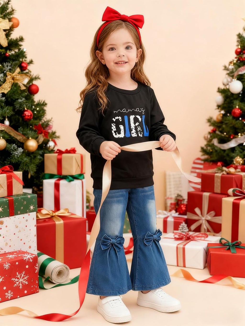 Toddler Girl Clothes Long Sleeve Cartoon & Letter Graphic Top + Fruit Stationery Print Flared Leg Pants