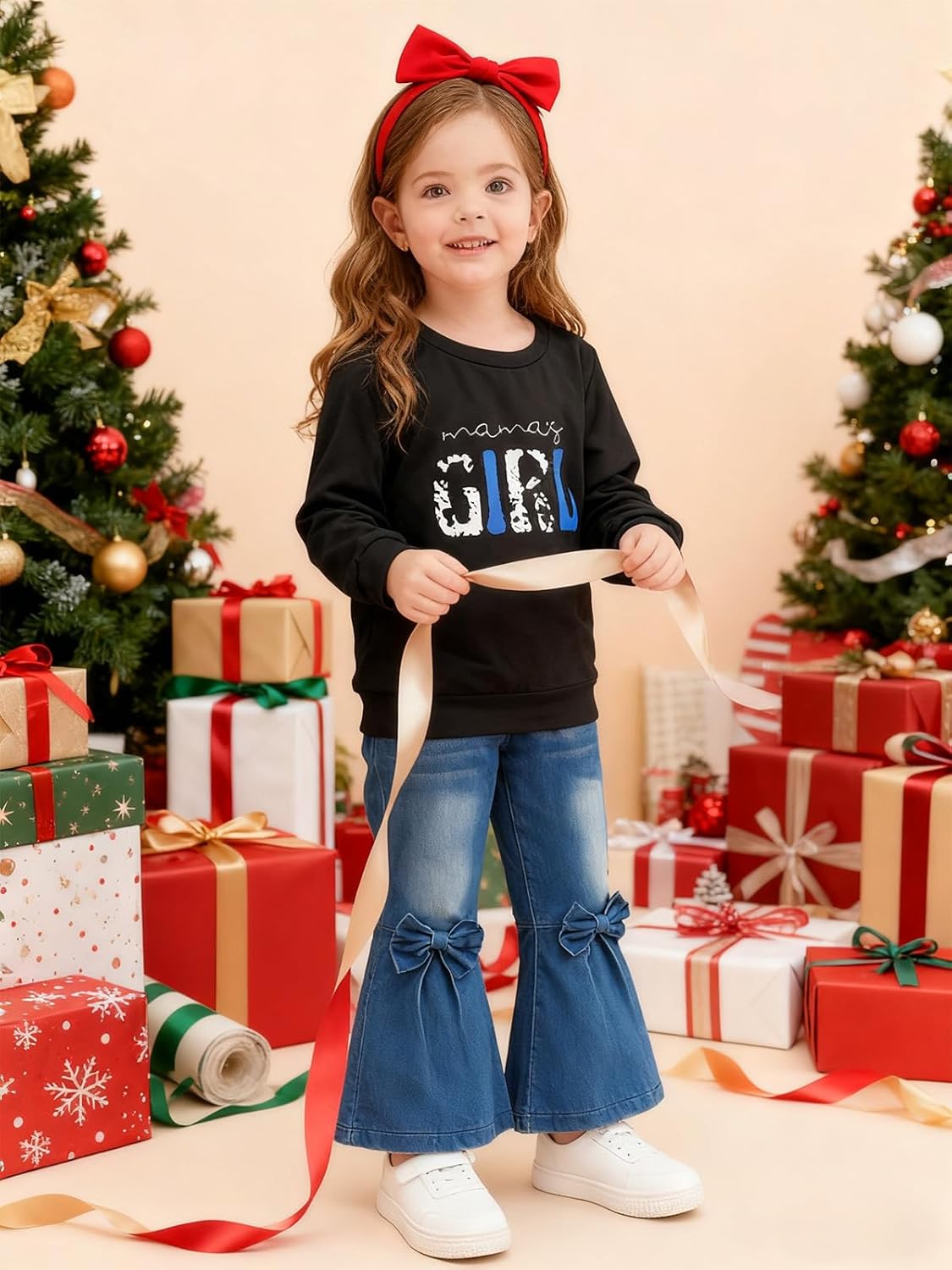 Toddler Girl Clothes Long Sleeve Cartoon & Letter Graphic Top + Fruit Stationery Print Flared Leg Pants