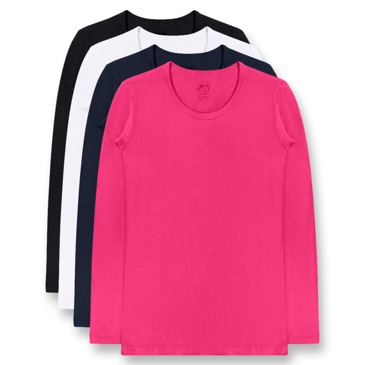 Brix Girls' Long Sleeve Tees - 100% Cotton 4 -Pack Crew Neck T Shirts.