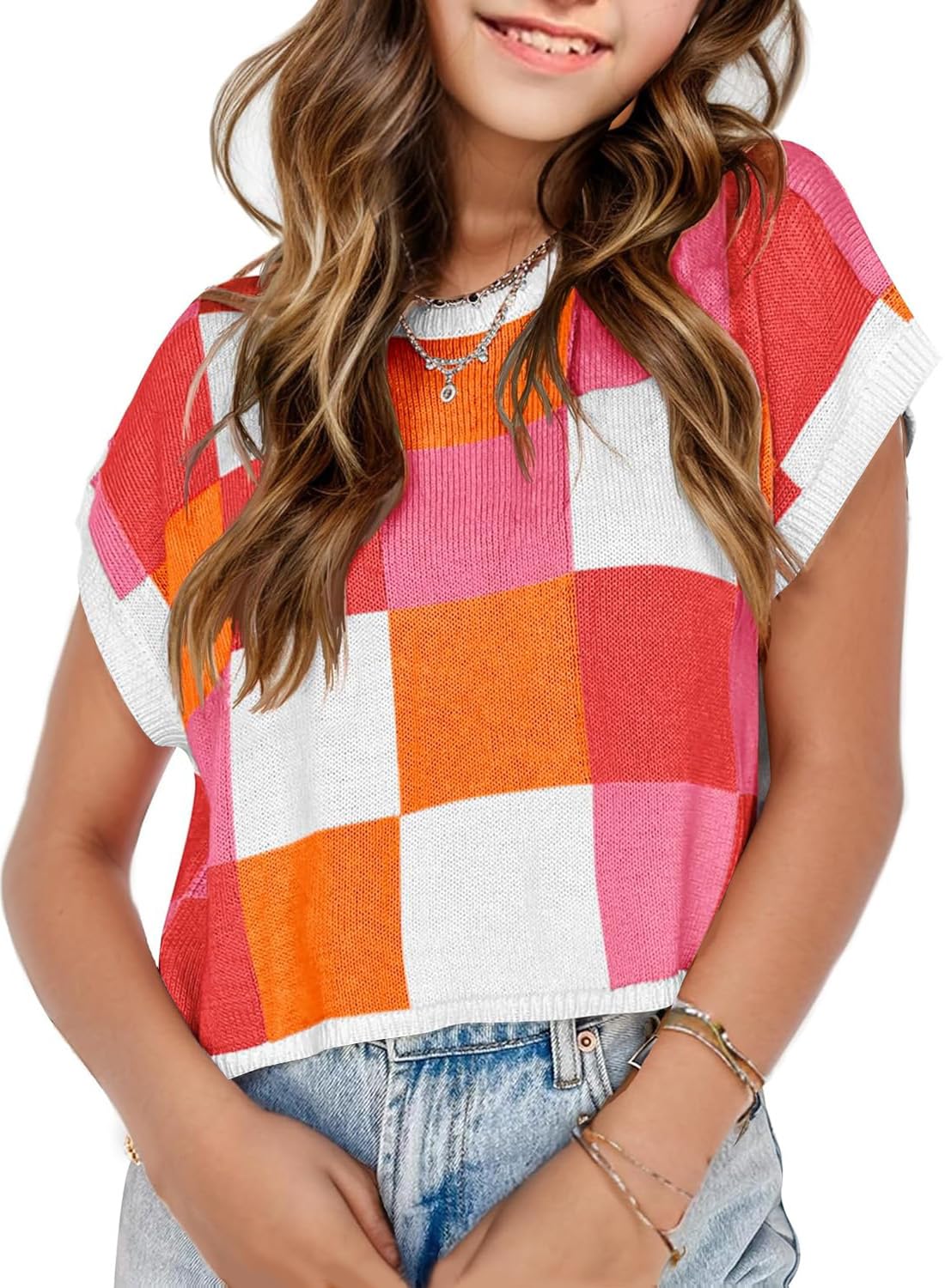 Girls Crop Sweater Tops School Picture Outfits Fashion Summer Fall Cute Cap Sleeve Colorblock Loose Teen Top