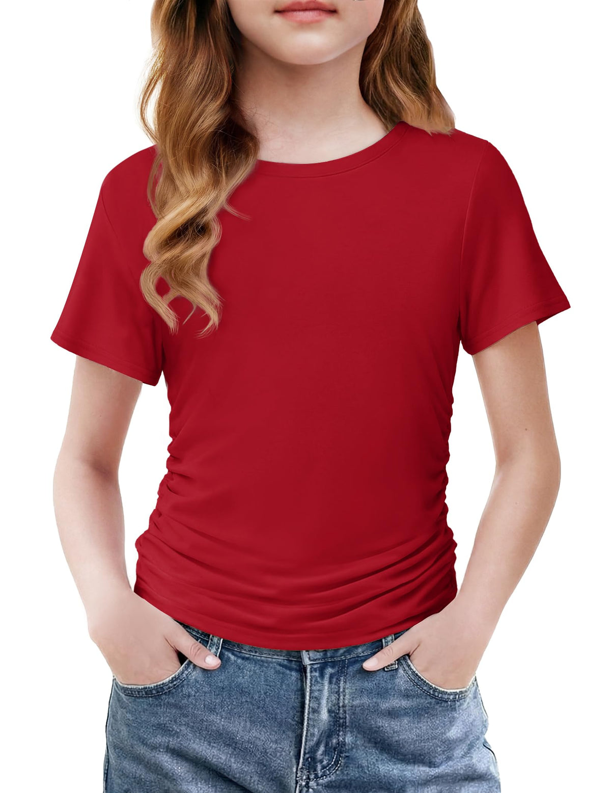 Arshiner Girls Shirts Side Ruched Short Sleeve Crewneck Tops Tee 5-12 Years