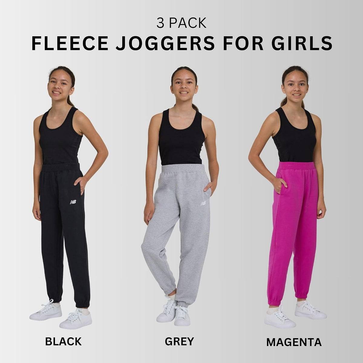 New Balance Girls Sweatpants 3-Pack, Soft Cotton Blend Fleece Joggers, 4-16