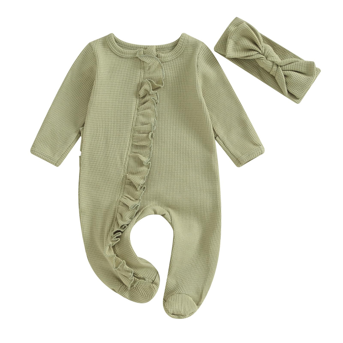 allshope Infant Baby Girl Fall Outfit Romper Footies Solid Color Frills Ruffle Trim Jumpsuit Bodysuits Newborn Winter Clothes