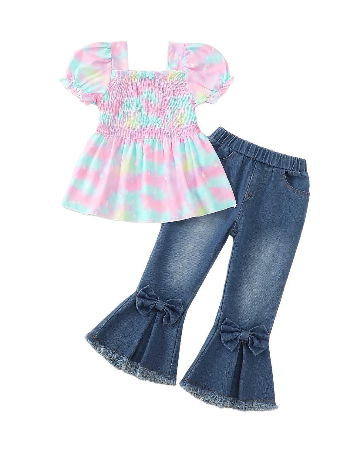 Kucnuzki Girls Clothes 2 Piece Outfits Denim Flare Jeans Short Sleeve Top