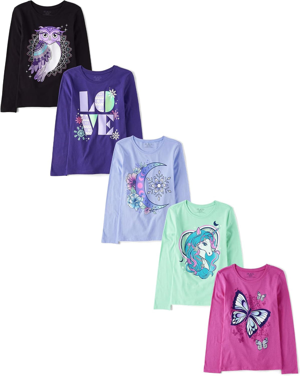 The Children's Place Girls' Unicorns,Sports,Butterflies Long Sleeve Graphic T-Shirts,5 Pack