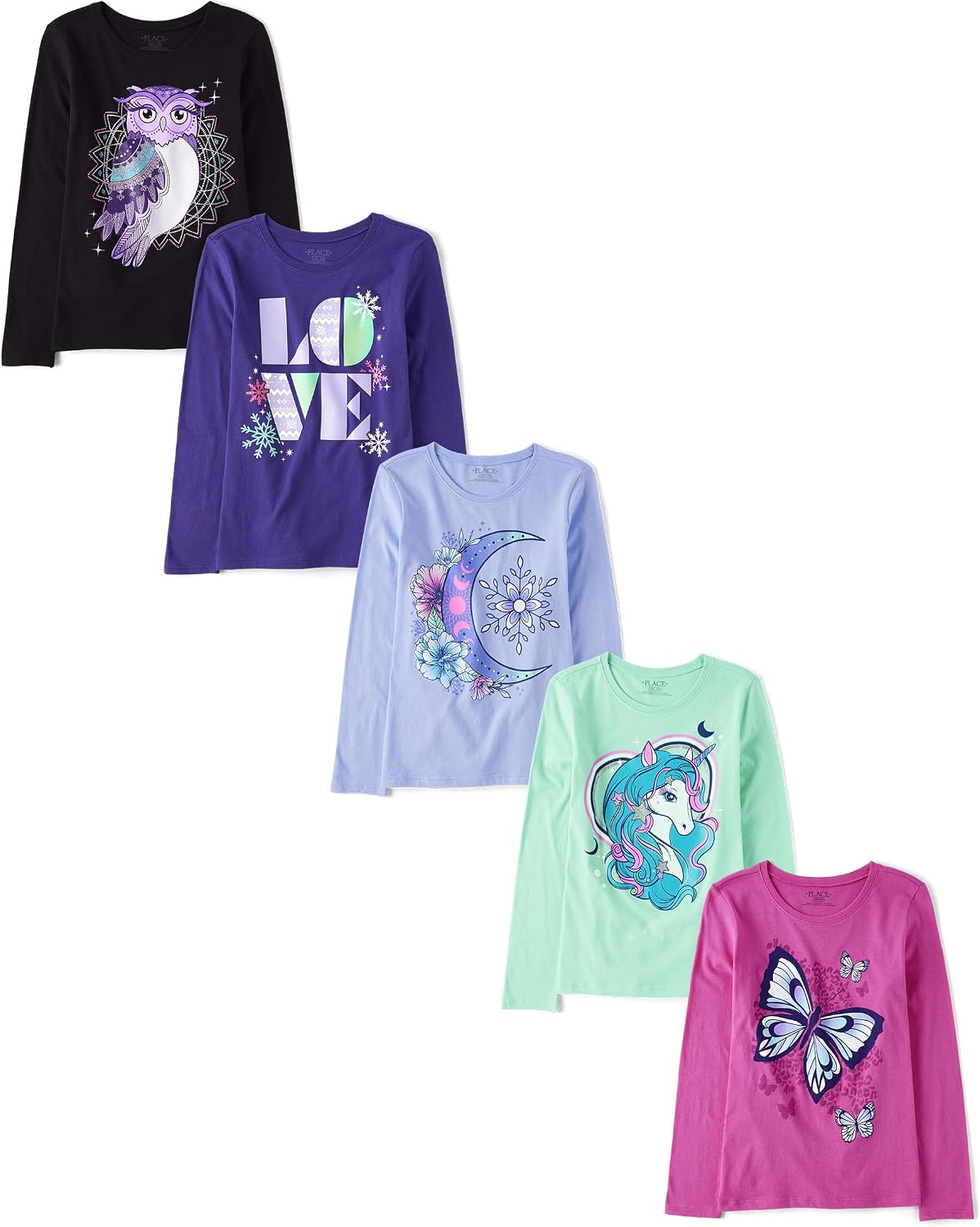 The Children's Place Girls' Unicorns,Sports,Butterflies Long Sleeve Graphic T-Shirts,5 Pack