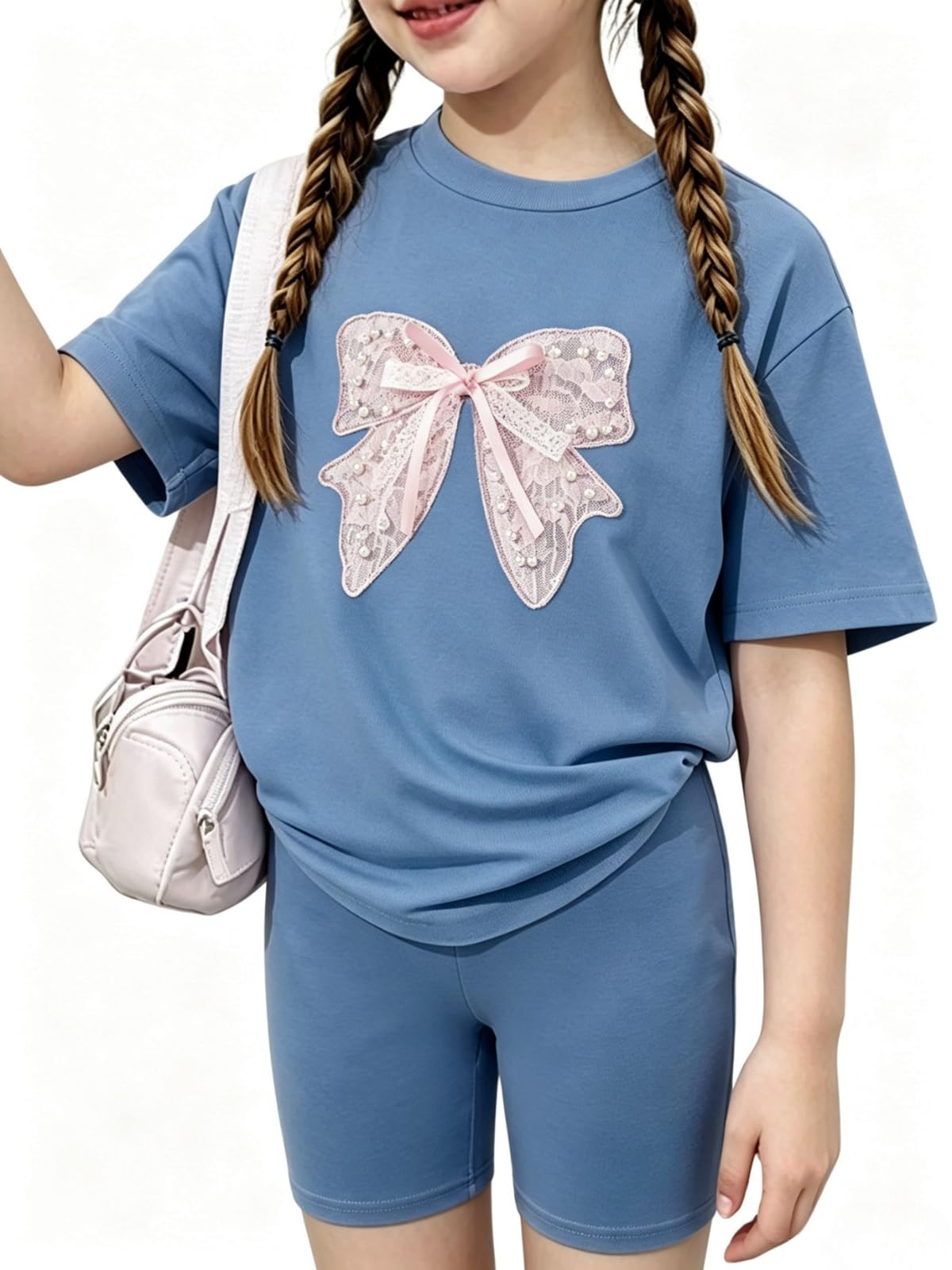2026 6-12 Years Old Girls 2Pcs Spring Summer Outfits Set Crew Neck Short Sleeve Tops with Pocket Tie-Dye Shorts