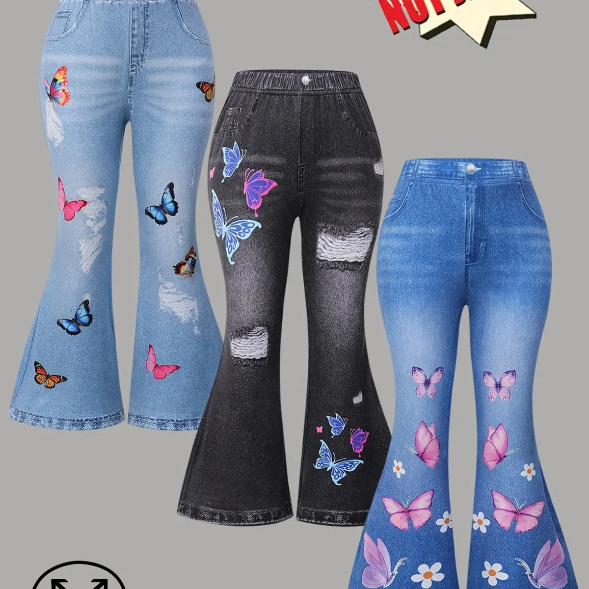 3-Pack Girls' Bell Bottom, Butterfly Print Flare Pants, Soft, Comfortable Knit Pants, Perfect for Festive Parties and Gifts, Elastic Waist Pants