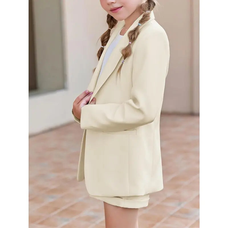 Girls 2 Piece Outfits Button Front Long Sleeve Blazer and Short Pants Suit Sets 4-14 Years