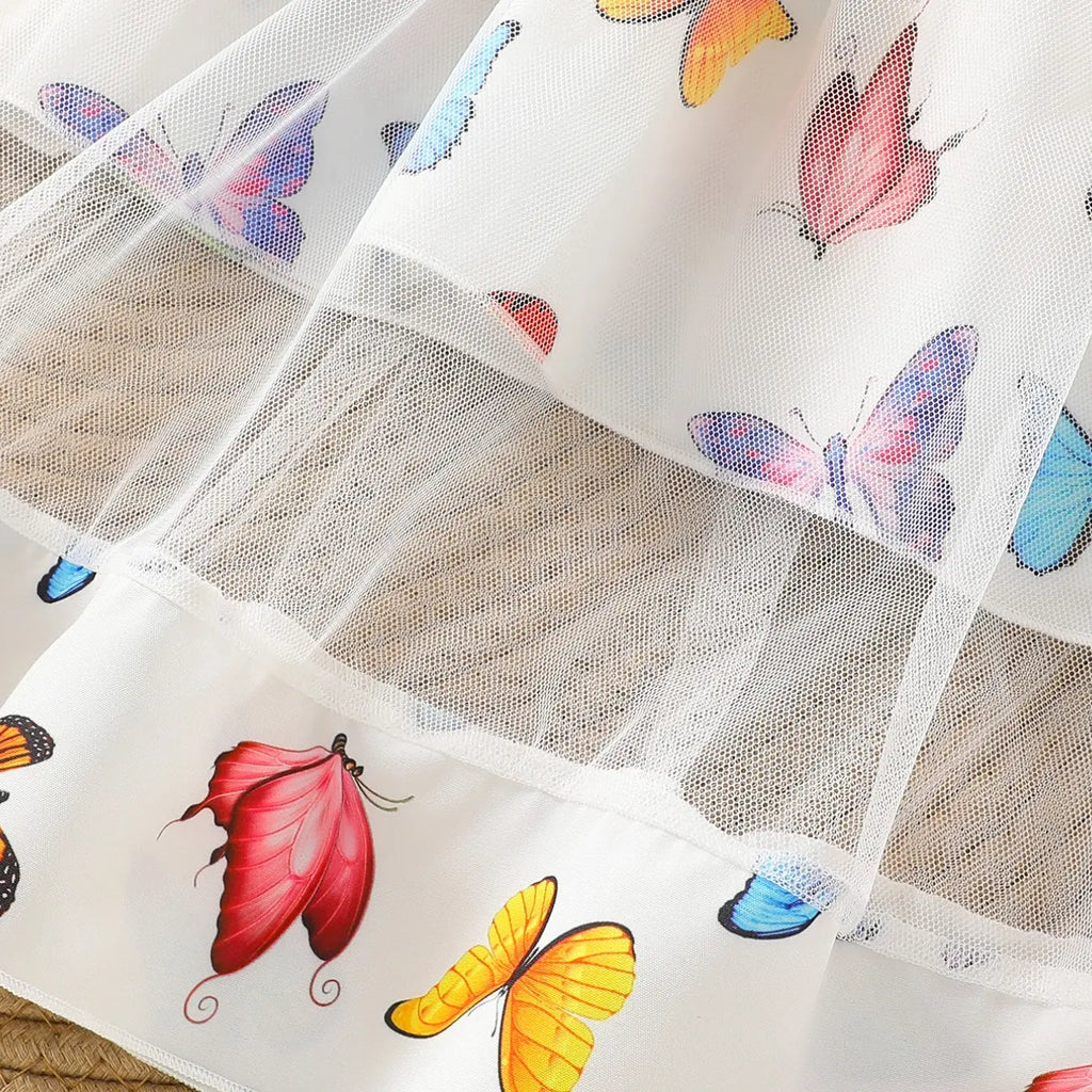 Young Girls Summer Casual Dress, Sleeveless Design, Butterfly Print Pattern, Sweet Style, Colorful Netted Hem Princess Gown, Dresses for Summer, Sundress