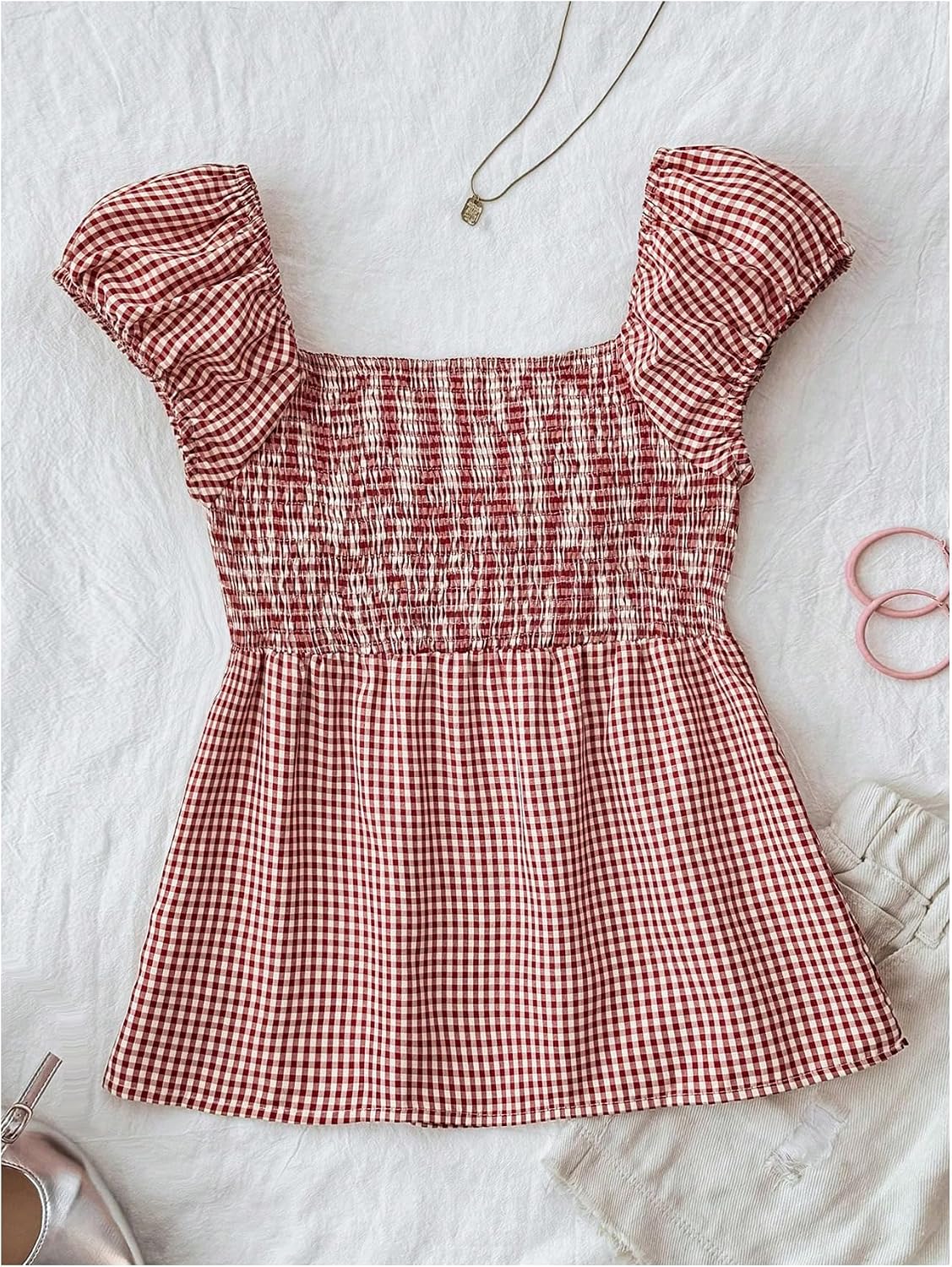 SOLY HUX Girl's Cute Gingham Tops Short Sleeve Blouse