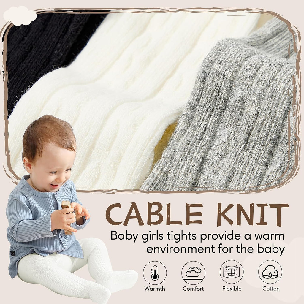 Zando 4 Pack Baby Girl Tights Cable Knit Cotton Winter Stockings 0-12M