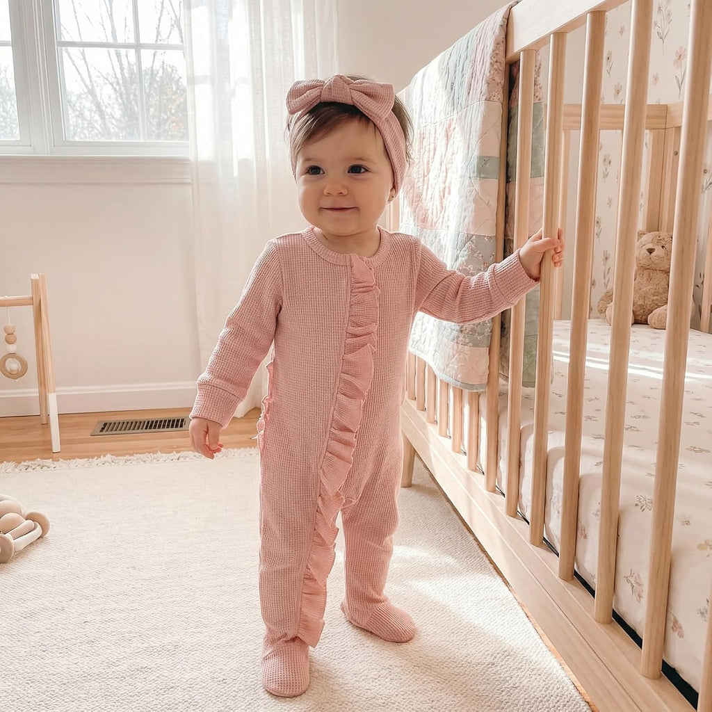 allshope Infant Baby Girl Fall Outfit Romper Footies Solid Color Frills Ruffle Trim Jumpsuit Bodysuits Newborn Winter Clothes