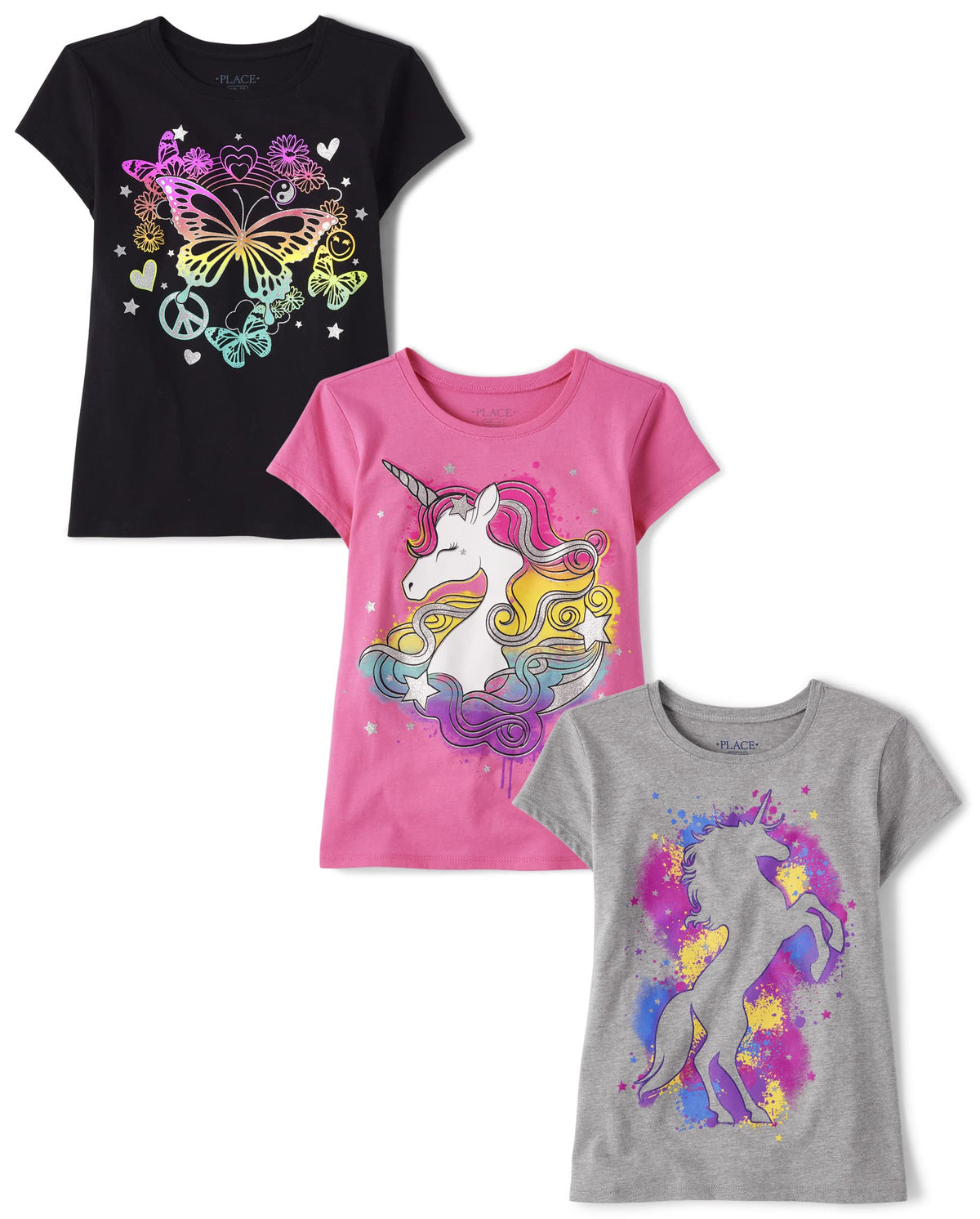 The Children's Place Girls' Unicorns,Butterfly Short Sleeve Graphic T-Shirts,3 Pack