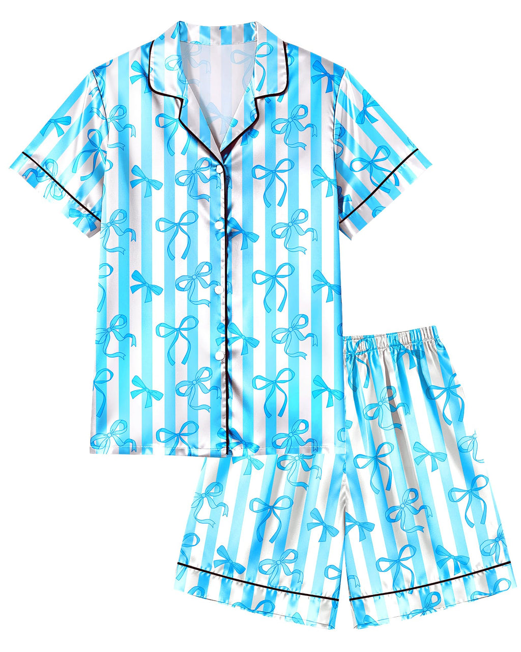 Sylfairy Girls Pajamas Silk PJS Set Bow Satin Sleepwear Short Sleeve Jammies for Kids Button-Down Nightwear size 7-8 10-12