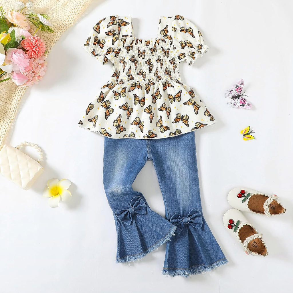Kucnuzki Girls Clothes 2 Piece Outfits Denim Flare Jeans Short Sleeve Top