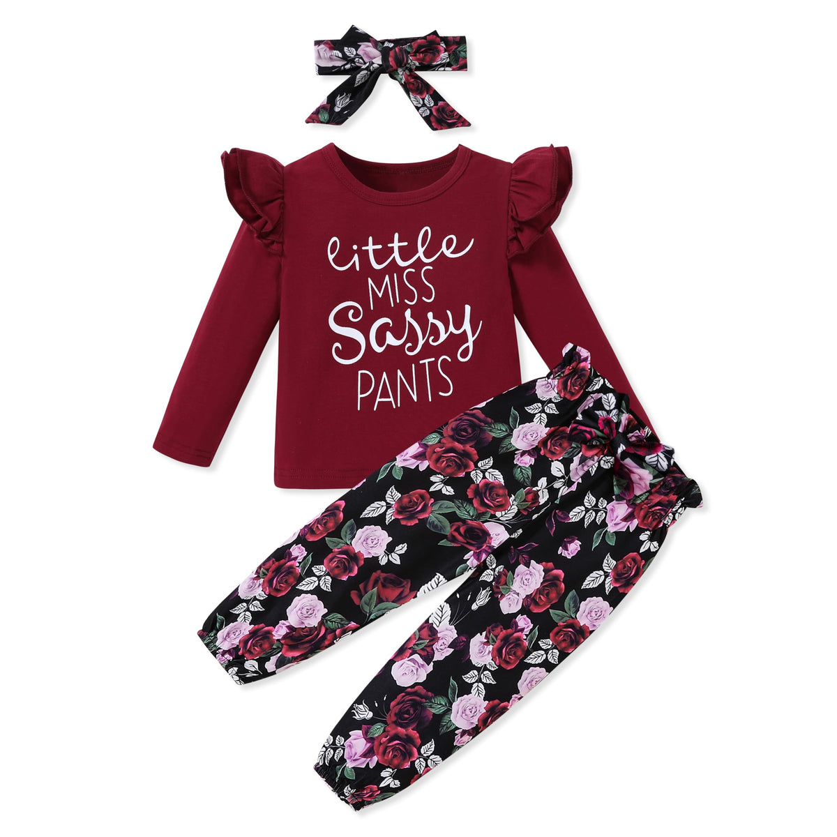 SANMIO Toddler Girl Clothes Cute Ruffle Sleeve Shirt Floral Pants Headband