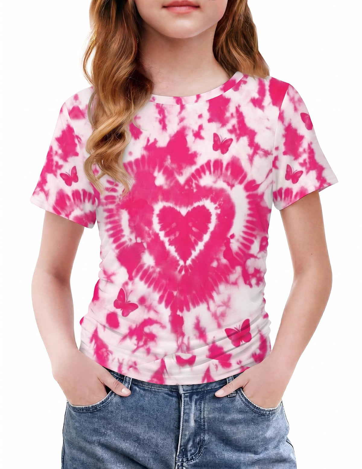 Arshiner Girls Shirts Side Ruched Short Sleeve Crewneck Tops Tee 5-12 Years