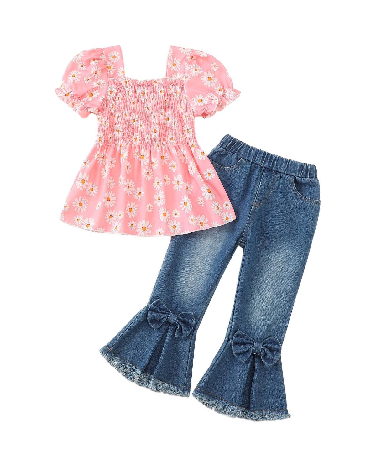 Kucnuzki Girls Clothes 2 Piece Outfits Denim Flare Jeans Short Sleeve Top