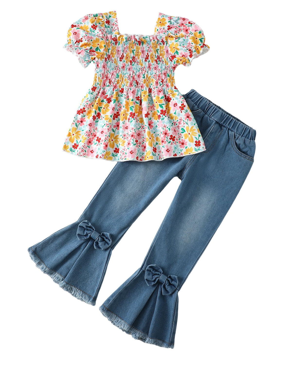 Kucnuzki Girls Clothes 2 Piece Outfits Denim Flare Jeans Short Sleeve Top