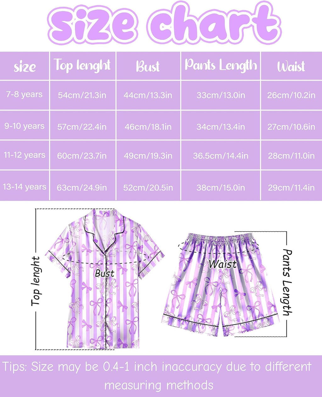 Sylfairy Girls Pajamas Silk PJS Set Bow Satin Sleepwear Short Sleeve Jammies for Kids Button-Down Nightwear size 7-8 10-12