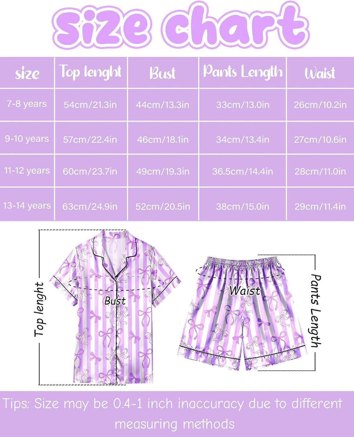 Sylfairy Girls Pajamas Silk PJS Set Bow Satin Sleepwear Short Sleeve Jammies for Kids Button-Down Nightwear size 7-8 10-12