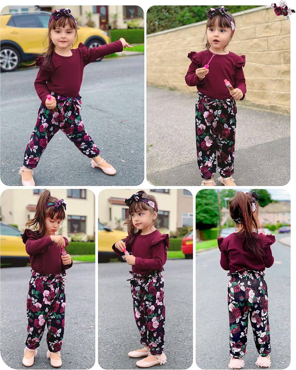 SANMIO Toddler Girl Clothes Cute Ruffle Sleeve Shirt Floral Pants Headband