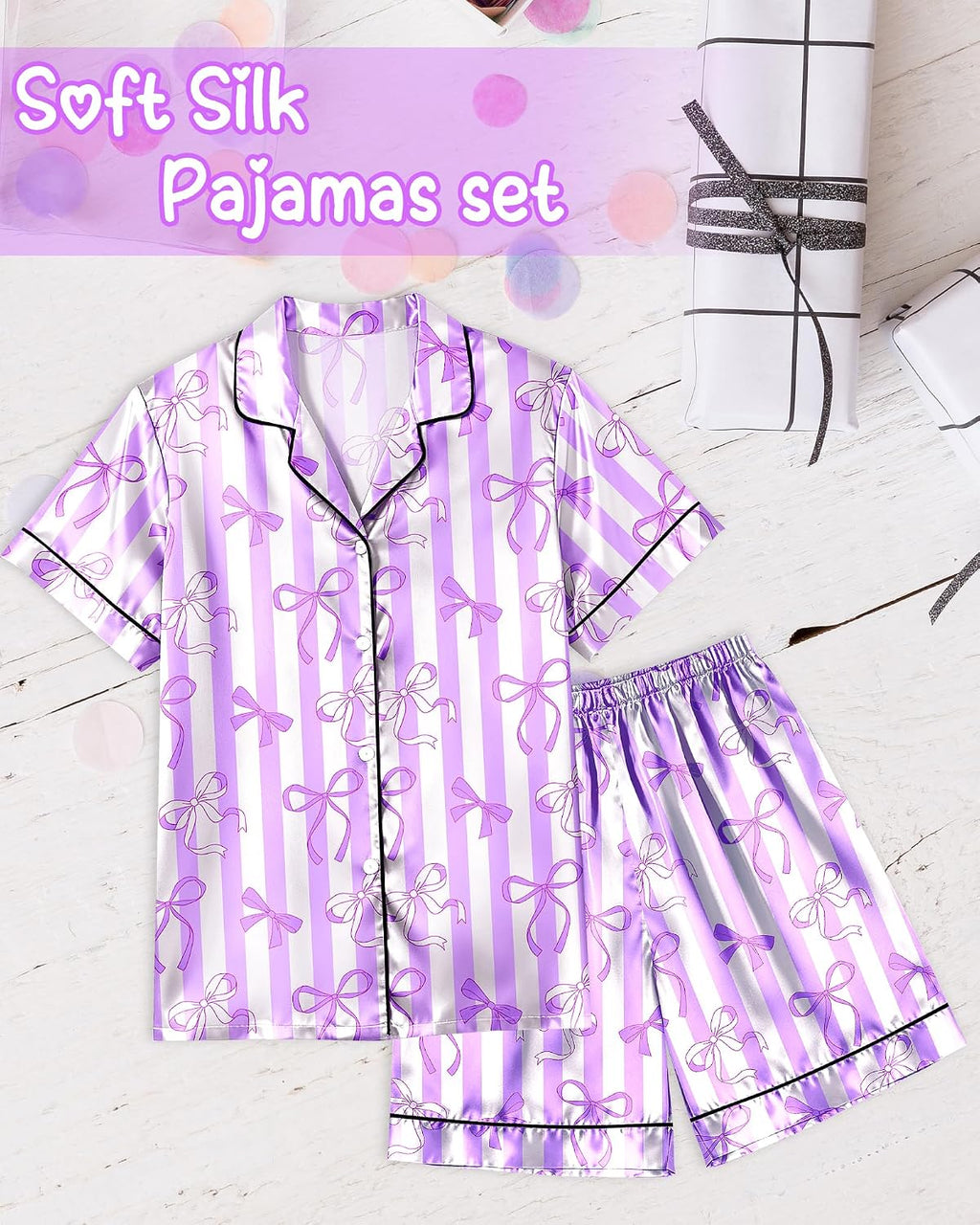 Sylfairy Girls Pajamas Silk PJS Set Bow Satin Sleepwear Short Sleeve Jammies for Kids Button-Down Nightwear size 7-8 10-12