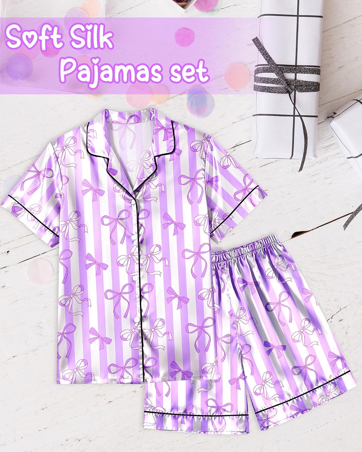 Sylfairy Girls Pajamas Silk PJS Set Bow Satin Sleepwear Short Sleeve Jammies for Kids Button-Down Nightwear size 7-8 10-12