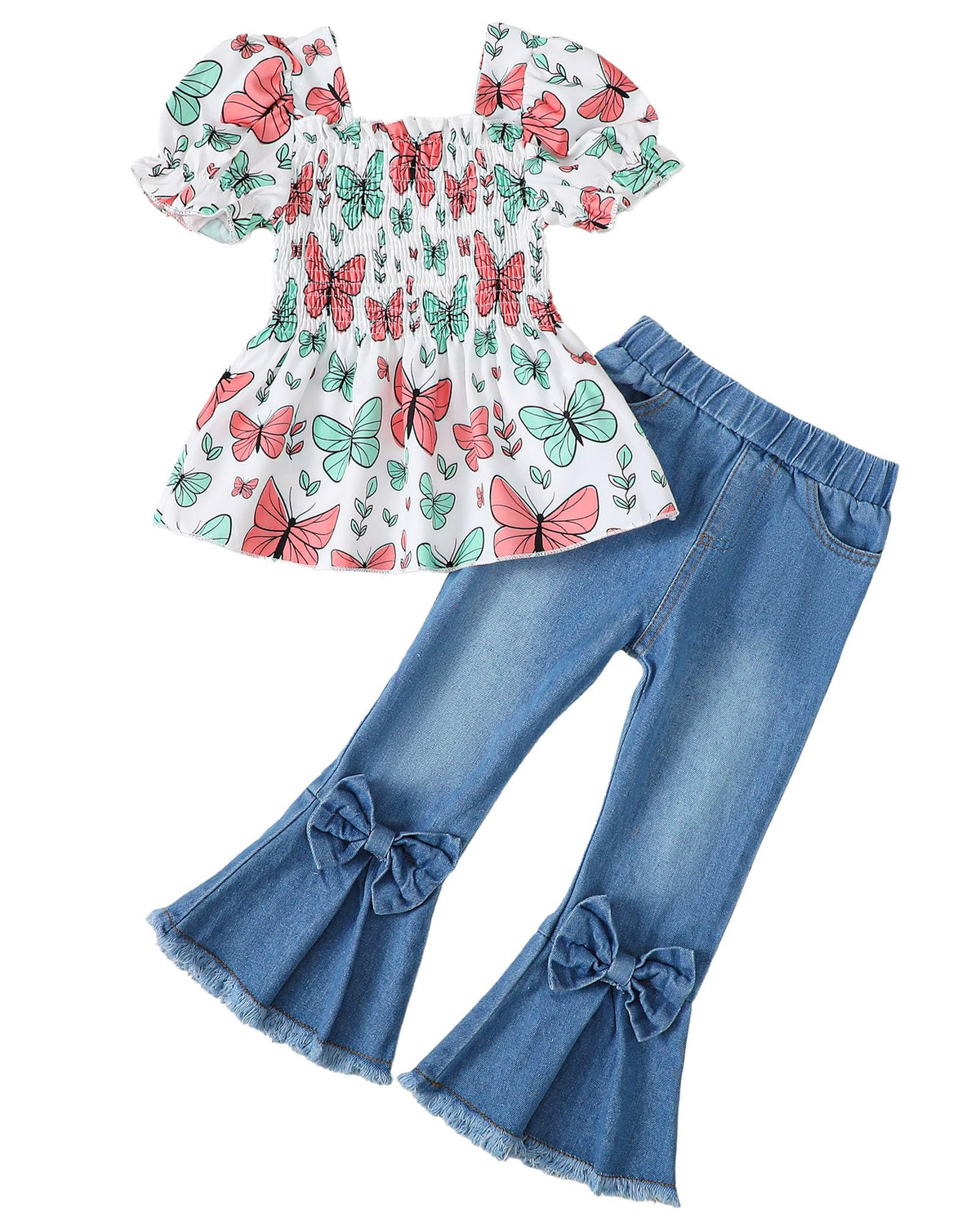 Kucnuzki Girls Clothes 2 Piece Outfits Denim Flare Jeans Short Sleeve Top