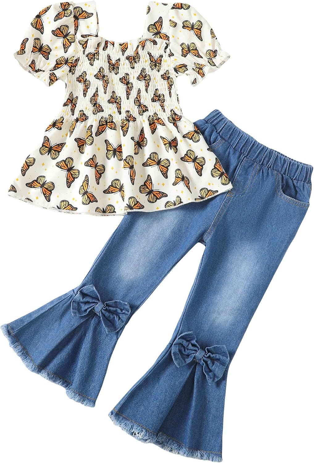 Kucnuzki Girls Clothes 2 Piece Outfits Denim Flare Jeans Short Sleeve Top