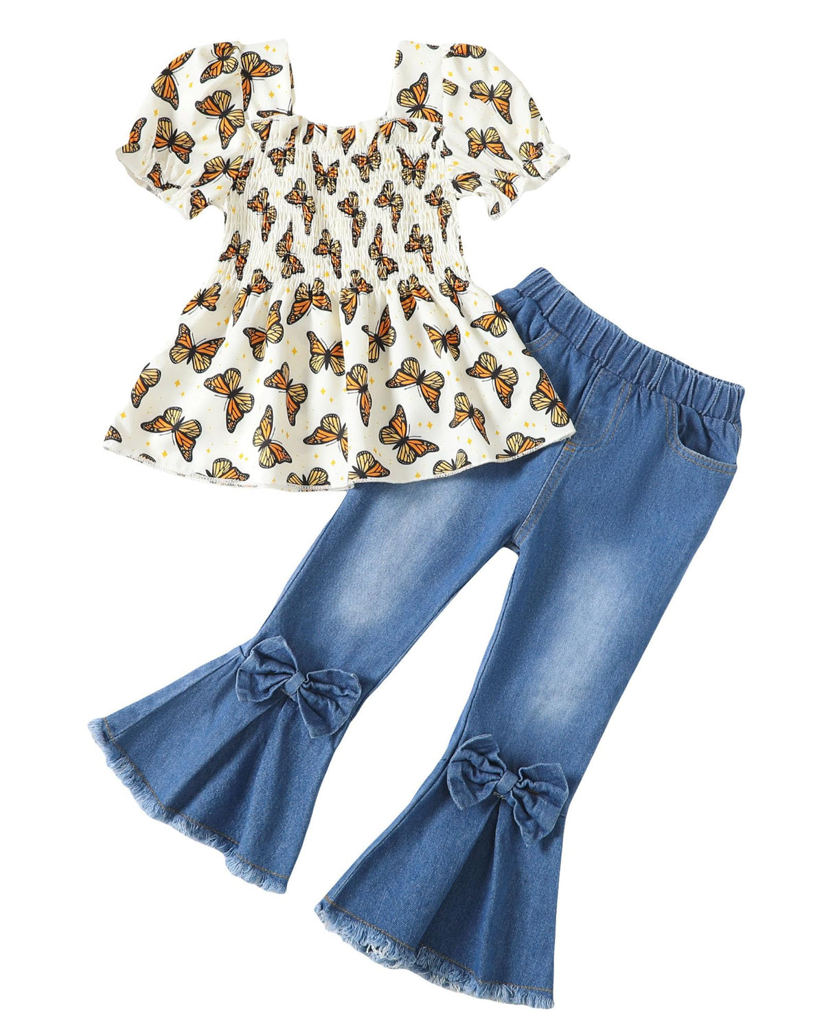Kucnuzki Girls Clothes 2 Piece Outfits Denim Flare Jeans Short Sleeve Top