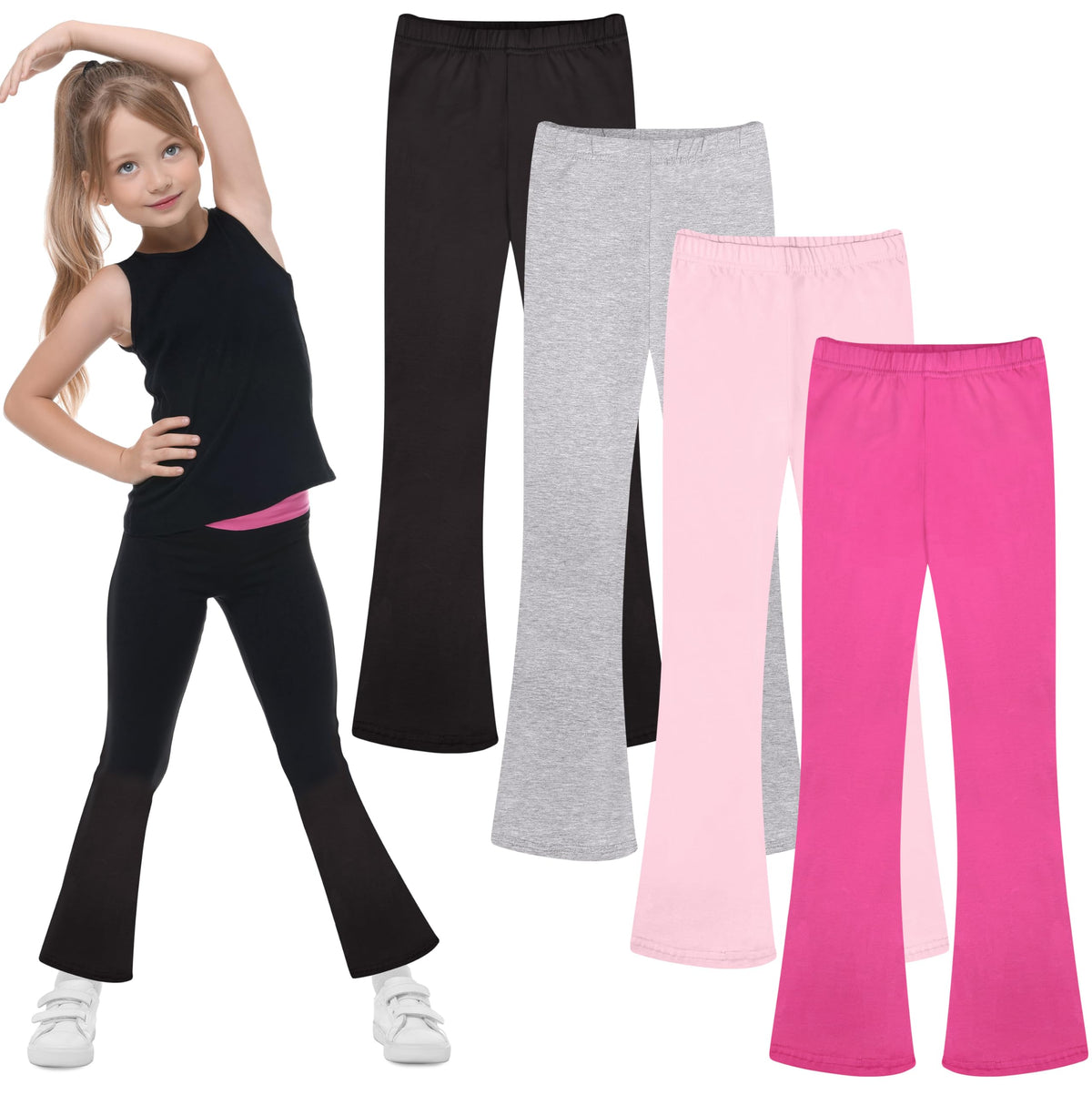 FEQO 4 Pack Girls Flare Leggings Pants Cotton Leggings Bell Bottoms 5-14Y