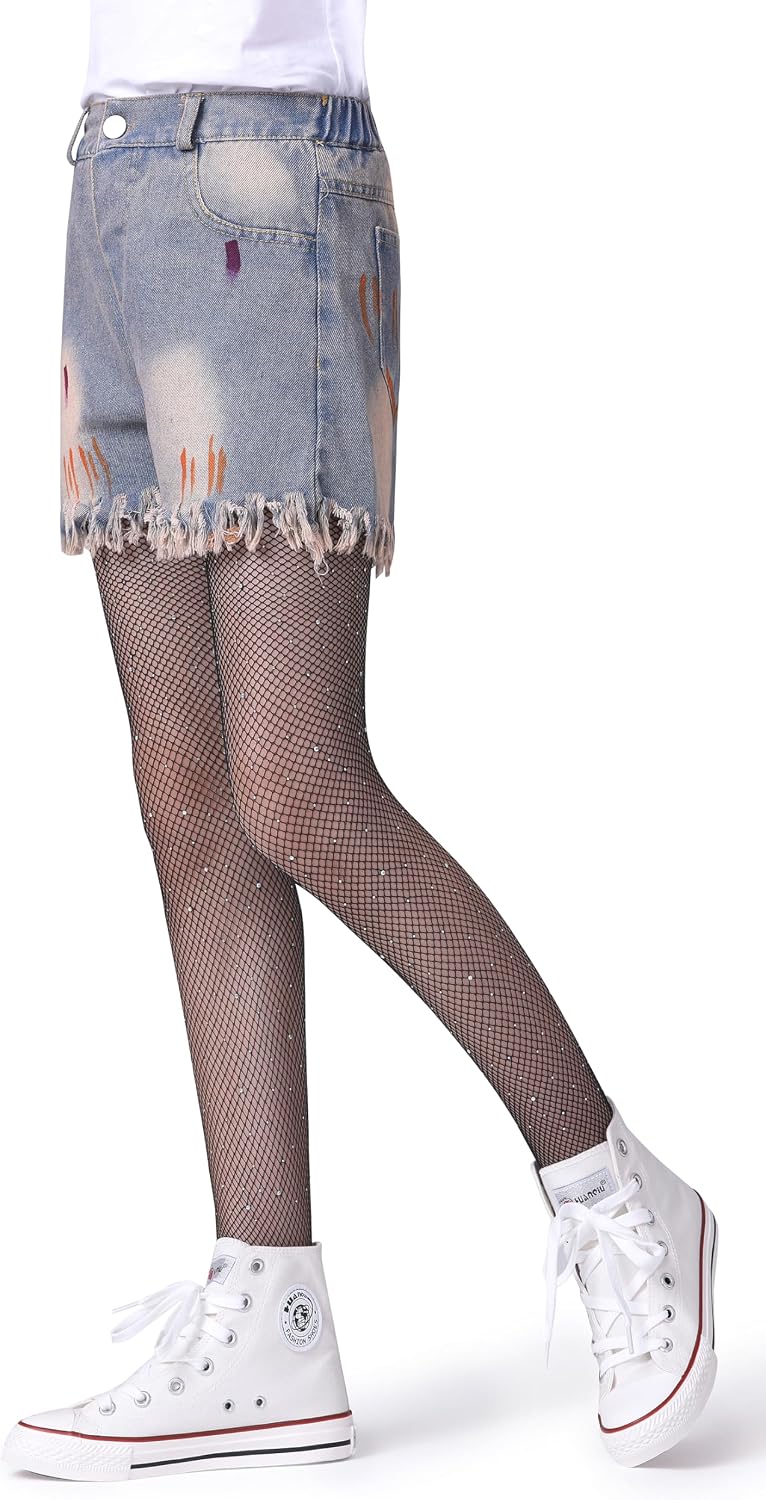 Henwarry Girls Sparkle Fishnet Stockings Children's High Waist Tights Rhinestone Hollow Out Party Pantyhose